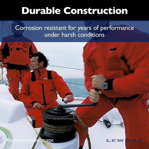 Lewmar 8-inch aluminum winch Powergrip handle on sailboat deck; front view with Lewmar logo visible.