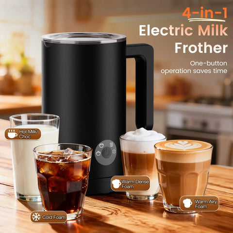 4-In-1 Electric Milk Frother And Steamer For Home Barista Vibes With Hot Dense Foam And Cold Foam Makes Lattes Cappuccinos And Iced Coffee Quiet One-Touch Operation Easy To Clean with four drinks