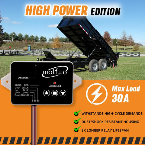 High Power Wireless Dump Trailer Remote Controller for 12V Hydraulic Systems, No Wires, 3/4-Wire Setups, 100 Ft Range, Easy Install