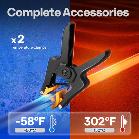 Digital HVAC Manifold Gauge Set accessory showing temperature clamps with -58°F to 302°F range for accurate pressure and temperature readouts