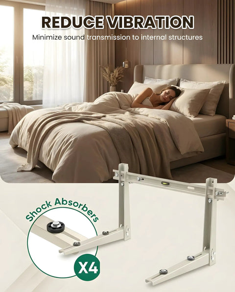 Beefed Up Mini Split Wall Mount Bracket For Outdoor Use With 400 lb Load Capacity, showing shock absorbers and bedroom setting.