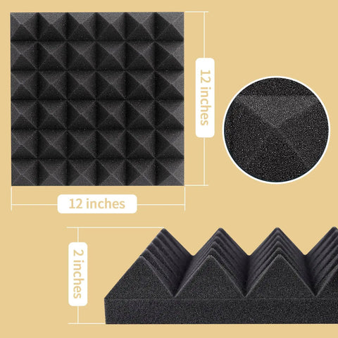 Straight Up Pro Grade Pyramid Acoustic Foam Panels 36 Pack Sound Dampening Wall Tiles 12 By 12 By 2 Inch Thick Black foam panel with pyramids.