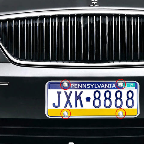 Fresh Bling Crystal Rhinestone License Plate Screws Pack of Four Anti Theft Fastener Kit installed on a car's license plate.