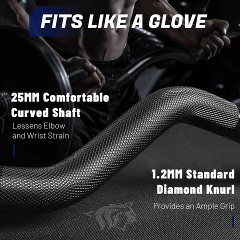 Close-up of 25mm grip black EZ curl bar with diamond knurl, part of 25mm Grip Black EZ Curl Bar And 85lb Rubber Coated Plates Set