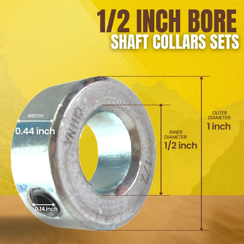 Close-up of zinc-plated shaft collar with 1/2 inch bore, 1 inch OD, and 7/16 inch width, part of a 4 Pack One Half Inch Bore Solid Steel Shaft Collars with Socket Cup Point Set Screws
