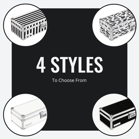 Four styles of Locking Medicine Storage Box With Combination Lock For Safe Med Storage, First Aid And Pill Organization, 3.75 X 11.88 X 5.25 Inches, Black displayed in stripes, leopard, white, and black patterns.