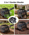 2 In 1 Heavy Duty Rotary Cultivator And Weeder Hand Tiller in garden use, black steel tool for soil aeration and weed removal