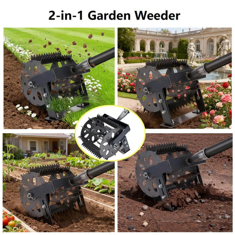 2 In 1 Heavy Duty Rotary Cultivator And Weeder Hand Tiller in garden use, black steel tool for soil aeration and weed removal