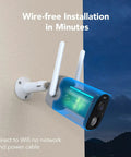Wireless Outdoor Security Camera With 2K Color Night Vision And AI Motion Detection mounted on a wall at night