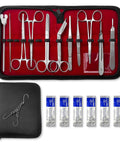 18 Piece Dissection Kit With Carrying Case Pro Grade Stainless Steel Tools For Students, Teachers And Pros To Practice Techniques Dissect Anatomy Safely And Effectively, kit open on red background