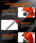 Rabbet Router Bit Set With Six Bearings And Quarter Inch Shank, carbide tipped bits shown close-up, Crosstar branding