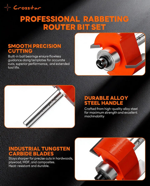 Rabbet Router Bit Set With Six Bearings And Quarter Inch Shank, carbide tipped bits shown close-up, Crosstar branding