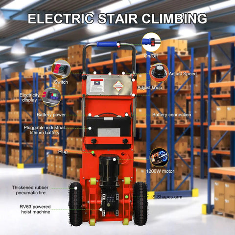 Camini 1200W Electric Stair Climbing Hand Truck Dolly with features like battery display and 1200W motor for heavy loads.