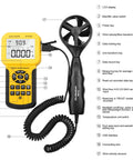 HVAC Anemometer And Air Flow Meter With USB PC Export Pro Grade Ultra Precise 0.001 Resolution Wind Speed And Temperature Gauge, yellow handheld unit with probe and LCD