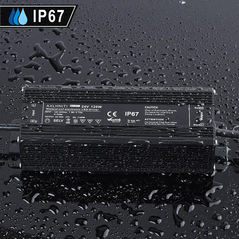 IP67 Waterproof LED Driver 120W Power Supply For LED Strip Lights, 24V DC Output shown on wet surface, 3 Prong Plug