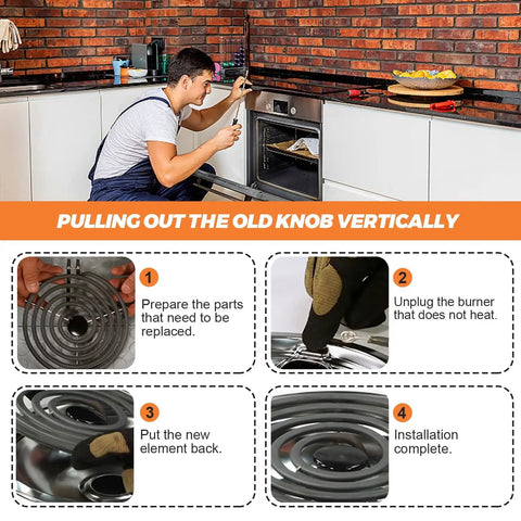 Image showing a man replacing an 8 Inch Electric Coil Burner Replacement Element 2600W Fits Whirlpool Frigidaire Kenmore Stovetops MP26YA 316442301 Surface Cooktop Burner With Pigtail Ends 5 Turns with step-by-step instructions.