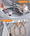 25 Inch Drain Snake Six Pack Hair Clog Remover Tools for Shower Kitchen Sink Bath Tub Plastic Auger Cleaners Clear Hair Clogs Fast in Bathrooms and More showing usage and storage.