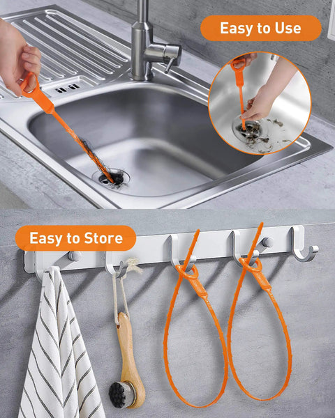25 Inch Drain Snake Six Pack Hair Clog Remover Tools for Shower Kitchen Sink Bath Tub Plastic Auger Cleaners Clear Hair Clogs Fast in Bathrooms and More showing usage and storage.