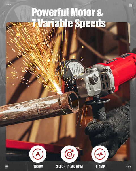 AVID POWER angle grinder, red, side view cutting metal pipe with sparks, 4-1/2 in disc