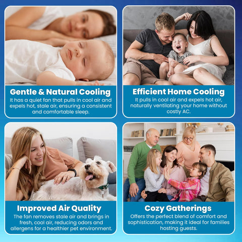 QA-Deluxe 3300 Whole House Fan Delivers Energy Efficient Cooling With Low Voltage Plug And Play 2 Speed Wall Switch With Timer R-5 Insulated Damper Quiet Operation And Saves You Big On Cooling Costs Up To 90 Percent benefits diagram showing energy efficient cooling with peaceful family moments, comfort and pet-friendly air quality.