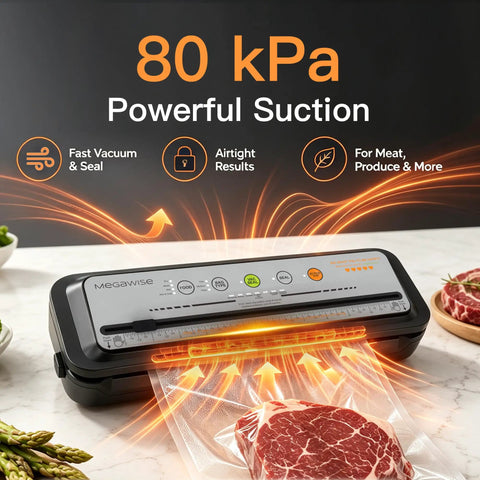 Straight Up Game Changing Compact Vacuum Sealer Machine With One Touch Automatic Sealing and 80 kPa Suction sealing meat on countertop.