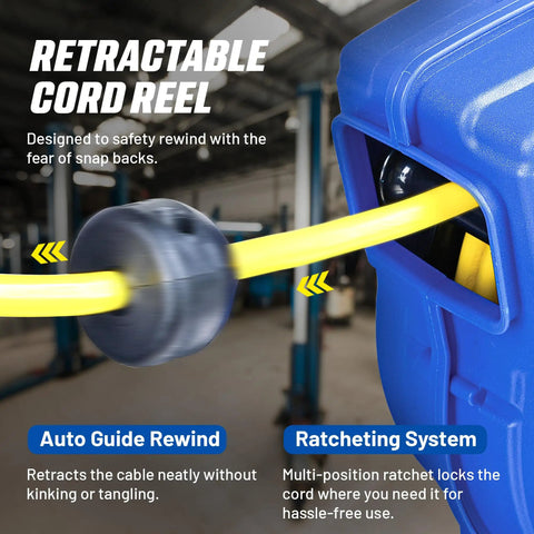 40 Ft Extension Cord Reel With 14 AWG 3 Conductor SJTOW Heavy Duty Power Cable shown retracting, highlighting smooth rewind feature