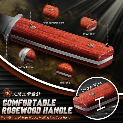Close-up of rosewood handle with rivets on Tanto Fixed Blade Knife For Outdoor Survival With Leather Sheath, highlighting full tang