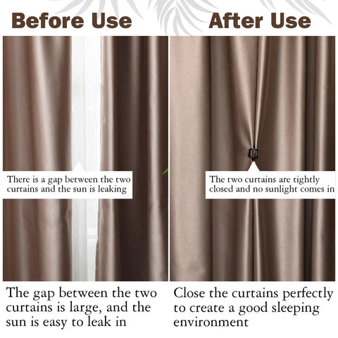 Comparison of curtains with and without 10 Pcs Magnetic Curtain Clips Closure Magnets For Indoor Outdoor Curtains No Light Leakage On Patio Gazebo Cabana Dark Brown Easy Install And Gentle On Curtains