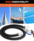 1100 GPH 12V Automatic Bilge Pump Kit for Boats with 1 1/8 Inch Outlet, 6Ft Hose, Clamps, Thru Hull Fitting shown with hose and fittings