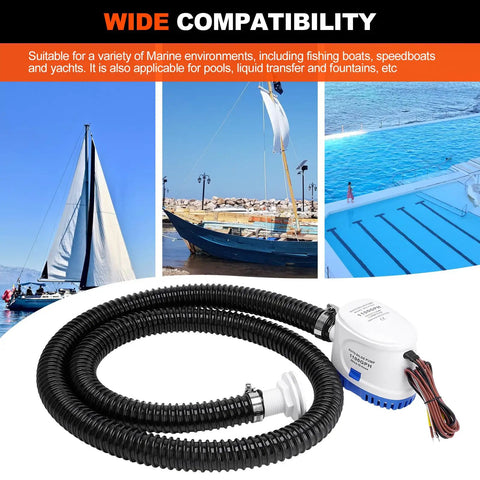1100 GPH 12V Automatic Bilge Pump Kit for Boats with 1 1/8 Inch Outlet, 6Ft Hose, Clamps, Thru Hull Fitting shown with hose and fittings