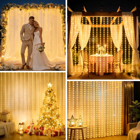Curtain Lights Battery Operated 300 LED Fairy String Lights 9.8 Foot By 9.8 Foot Backdrop For Bedroom Wedding Indoor Decor