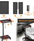 Adjustable Height Tool Cart With Wheels For Garage And Workshop, 36.2 To 42.9 Inch Height Range, Heavy Duty Metal Rolling Tool Tray Table shown with detachable tool holders and hooks.