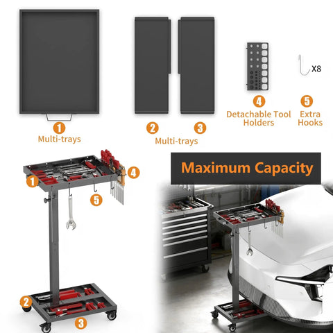 Adjustable Height Tool Cart With Wheels For Garage And Workshop, 36.2 To 42.9 Inch Height Range, Heavy Duty Metal Rolling Tool Tray Table shown with detachable tool holders and hooks.