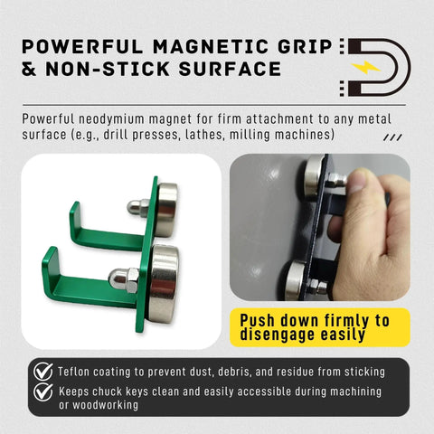 Heavy Duty Magnetic Chuck Key Holder 2 Pack Hella Secure Mounts On Drill Presses Lathes And Mills With Greaseproof Teflon Coat, displayed with neodymium magnets.