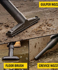 Wet Dry Vacuum With 10 Gallon Tank, 4 HP Motor displaying gulper nozzle, floor brush, and crevice nozzle attachments in use