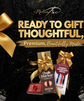 Gift packaging with chalk marker, fabric marking pens, wrapped with gold ribbons against black background with 'Ready to Gift' text.