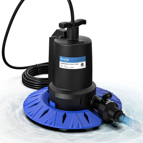 Automatic Pool Cover Pump With 1/4HP, 1800 GPH Submersible Sump Pump, blue base, power cord, water removal adapter