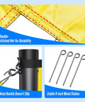 Close-up of all in one outdoor volleyball net set for backyard and beach fun, showing net, adjustable poles, and metal stakes.