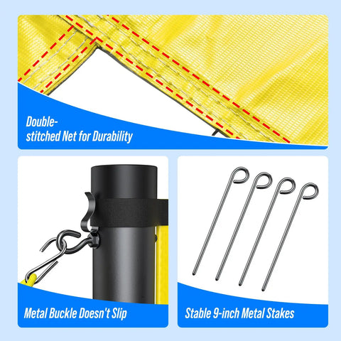 Close-up of all in one outdoor volleyball net set for backyard and beach fun, showing net, adjustable poles, and metal stakes.