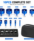 Premium 10 Piece Vacuum Brazed Diamond Hole Saw Kit For Rapid Drilling On Porcelain Tile Ceramic And Granite With Minimal Chipping And Super Smooth Edges For Amazing Home Renovation Projects. 10-piece set with EVA guide jig and case, 6mm-50mm.