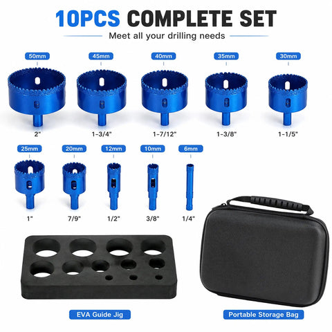 Premium 10 Piece Vacuum Brazed Diamond Hole Saw Kit For Rapid Drilling On Porcelain Tile Ceramic And Granite With Minimal Chipping And Super Smooth Edges For Amazing Home Renovation Projects. 10-piece set with EVA guide jig and case, 6mm-50mm.
