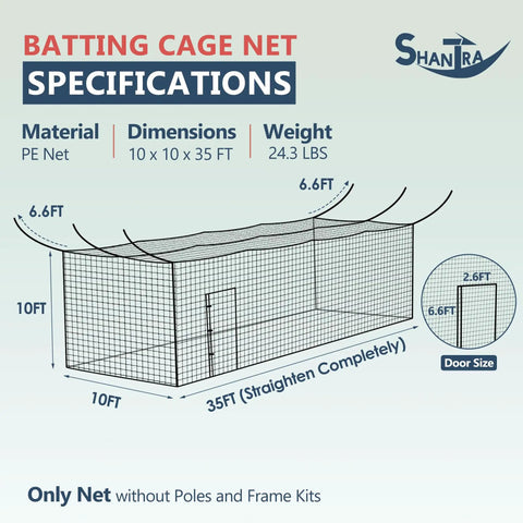 Batting Cage Net Only 55 Ft Long By 35 Ft Wide By 20 Ft High Fully Enclosed Baseball And Softball Cage Netting With Door Premium UV Stabilized