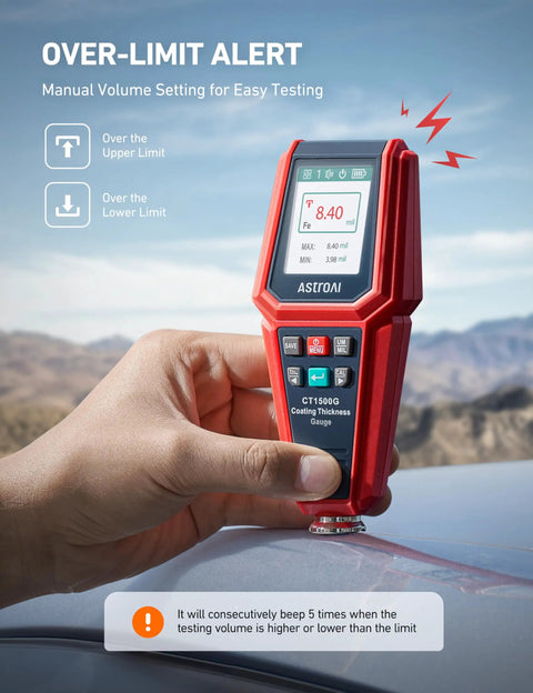 Paint Thickness Gauge With Automatic Detection And 0.01μm Resolution For Ferrous And Nonferrous Coatings On Metal Surfaces, Wide Coating Compatibility, Fast Digital Readout, Durable Handy Tool For Pros used on car paint over-limit alert