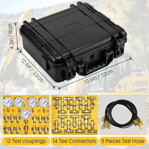 Beefed Up Heavy Duty Hydraulic Pressure Test Kit With Five Gauges, Twelve Test Couplings, Fourteen Tee Connectors, Five Test Hoses, And Sturdy Carrying Case For Excavators And Construction Machinery