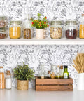 Kitchen shelves decorated with Gray Floral Peel And Stick Wallpaper 17.7 Inch By 118.1 Inch Self Adhesive Floral Contact Paper