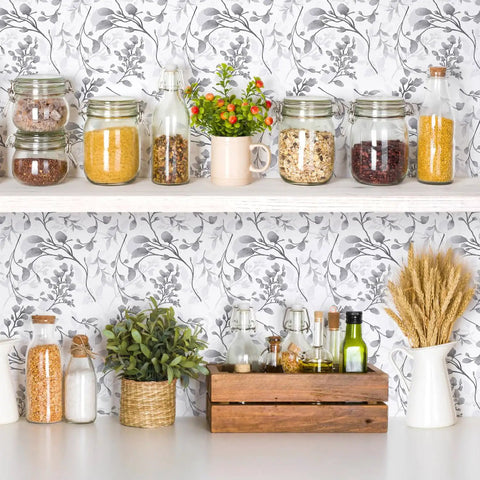 Kitchen shelves decorated with Gray Floral Peel And Stick Wallpaper 17.7 Inch By 118.1 Inch Self Adhesive Floral Contact Paper