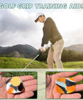 Golfer using Grip Trainer For Golf Swing And Posture Correction Indoor Outdoor Practice Aid with close-up of orange grip pad