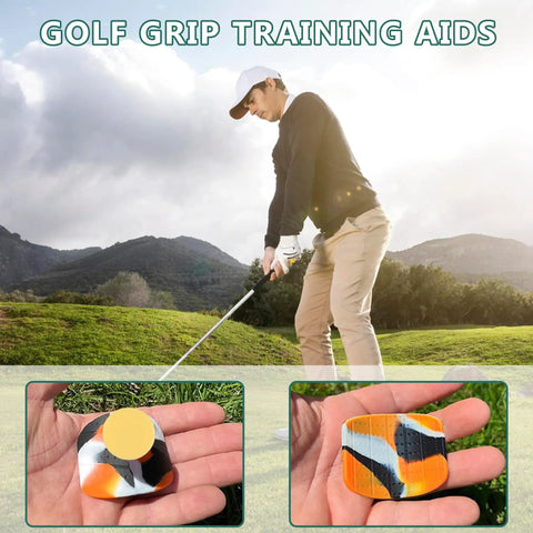 Golfer using Grip Trainer For Golf Swing And Posture Correction Indoor Outdoor Practice Aid with close-up of orange grip pad