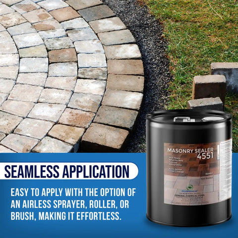 Tough As Nails Hydrophobic Acrylic Sealer For Masonry And Concrete Pavers in a 5 gallon pail next to brick paver patio.