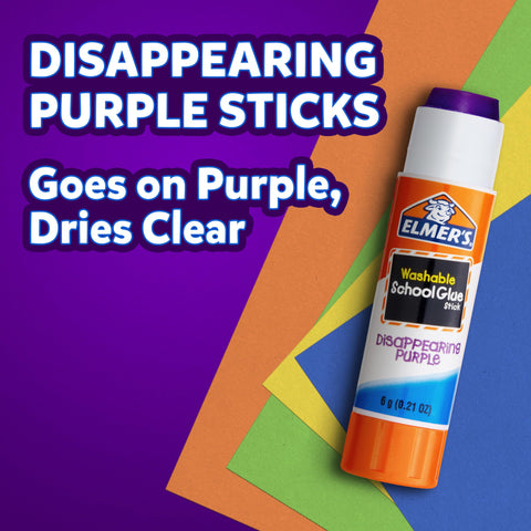 Disappearing Purple School Glue Sticks 3 Pack 22g Each Washable Dries Clear, shown with colorful paper background
